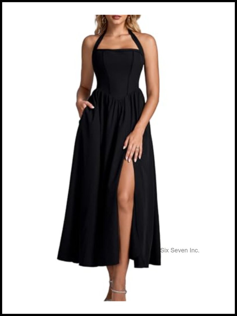 Floral Halter Corset Midi Dress A-Line Slit Summer Wedding Guest
